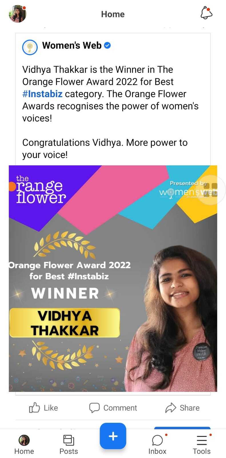 Orange-flower-awards-winner-instabiz-Vidhya-Thakkar, Instabiz, Instagram growth, orange flower awards